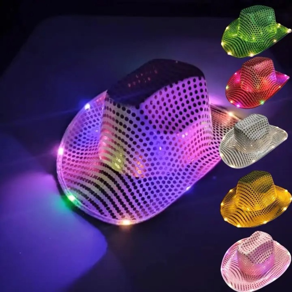 Flashing LED Lights Purple Sequin Cowboy Holiday Hat